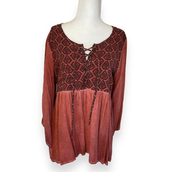 Umgee Orange Boho Printed Lace Up Neckline Blouse - Picture 1 of 6